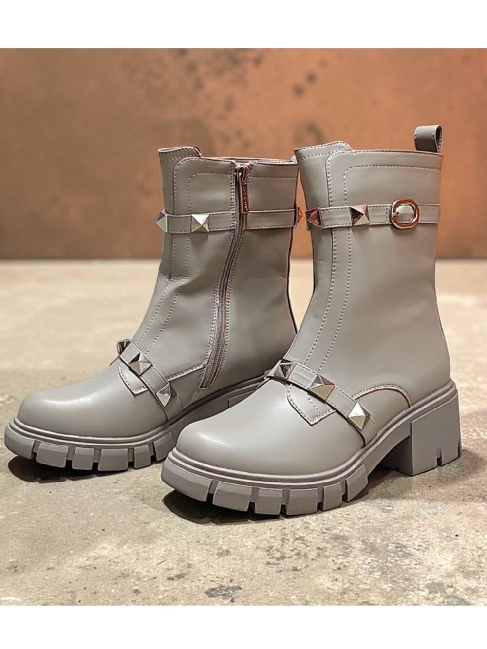 Studded Gray Combat-Style Ankle Boots With Chunky Block Heel And Side Zipper Clo